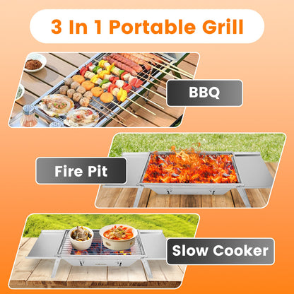 3-in-1 Foldable Charcoal Grill, Portable Fire Pit & Slow Cooker – Stainless Steel BBQ for Camping, Tailgating & Backyard