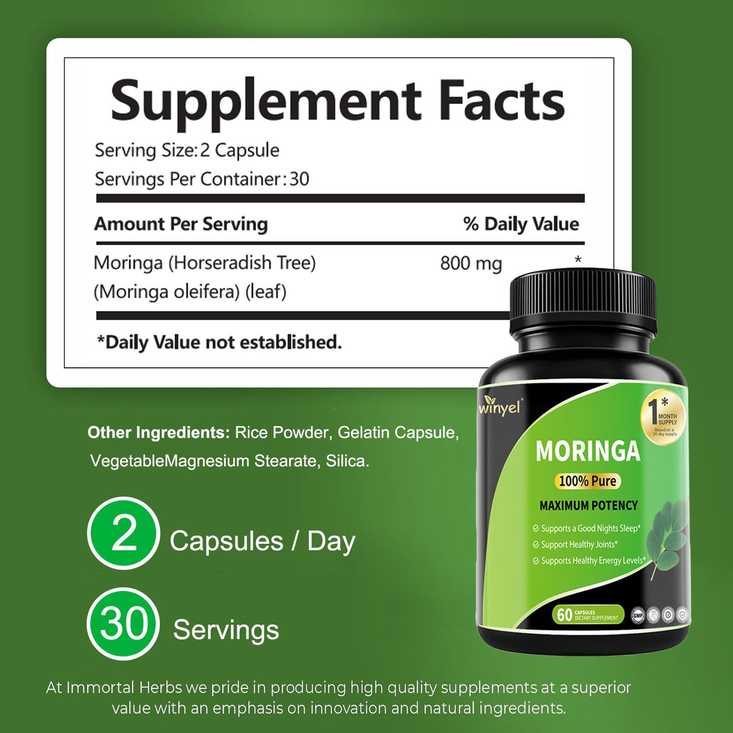 Pure Moringa Capsules - High Potency, Health & Fitness With Essential Vitamins & Amino Acids - 60 Capsules